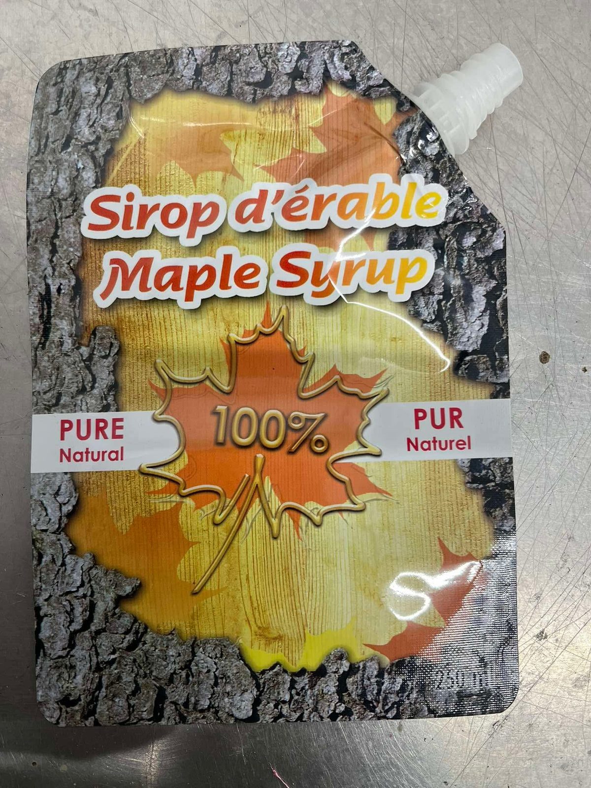 Front of maple syrup spouted pouch