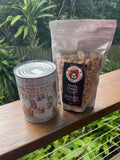 Maple syrup can and maple sugar chunks bundle on timber deck