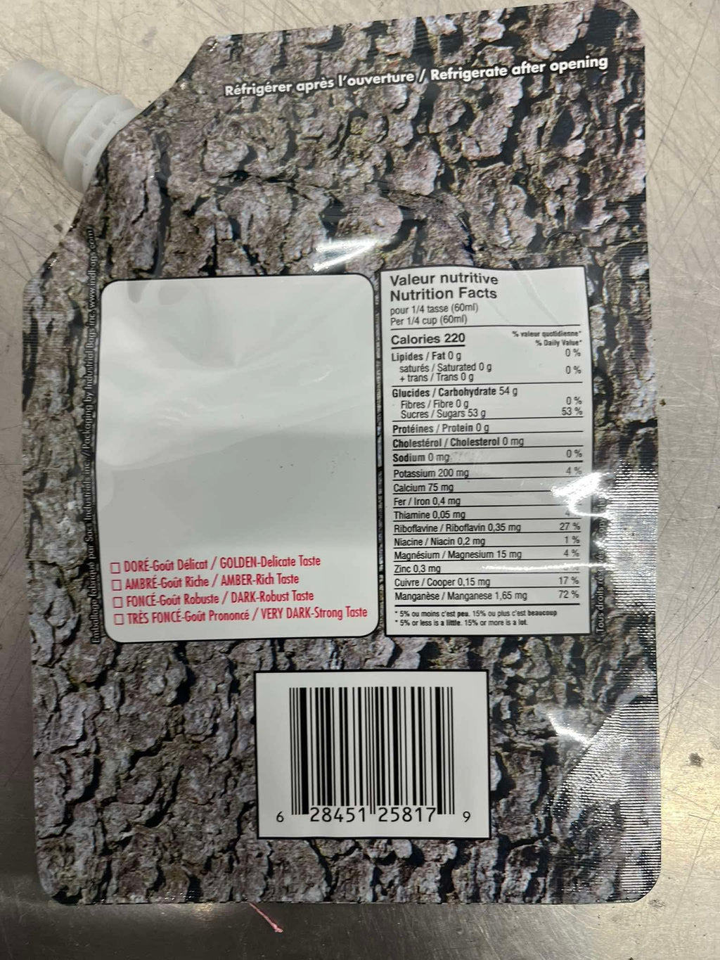 Back of maple syrup pouch with nutrition information and storage instructions