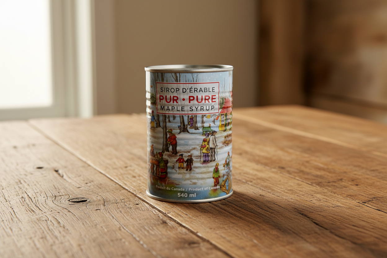 Maple syrup can on timber table