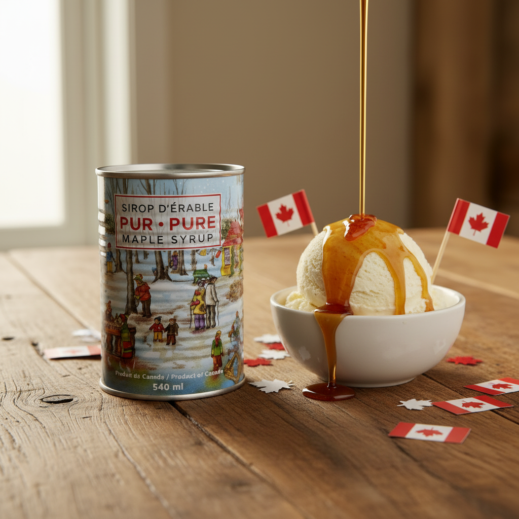 Maple syrup can with ice cream pour