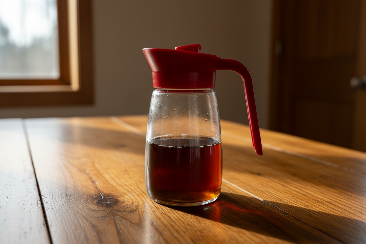 Maple syrup dispenser on timber table
