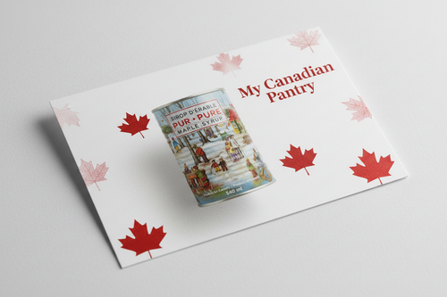 Book titled 'My Canadian Pantry' on a white surface with red maple leaf decorations.