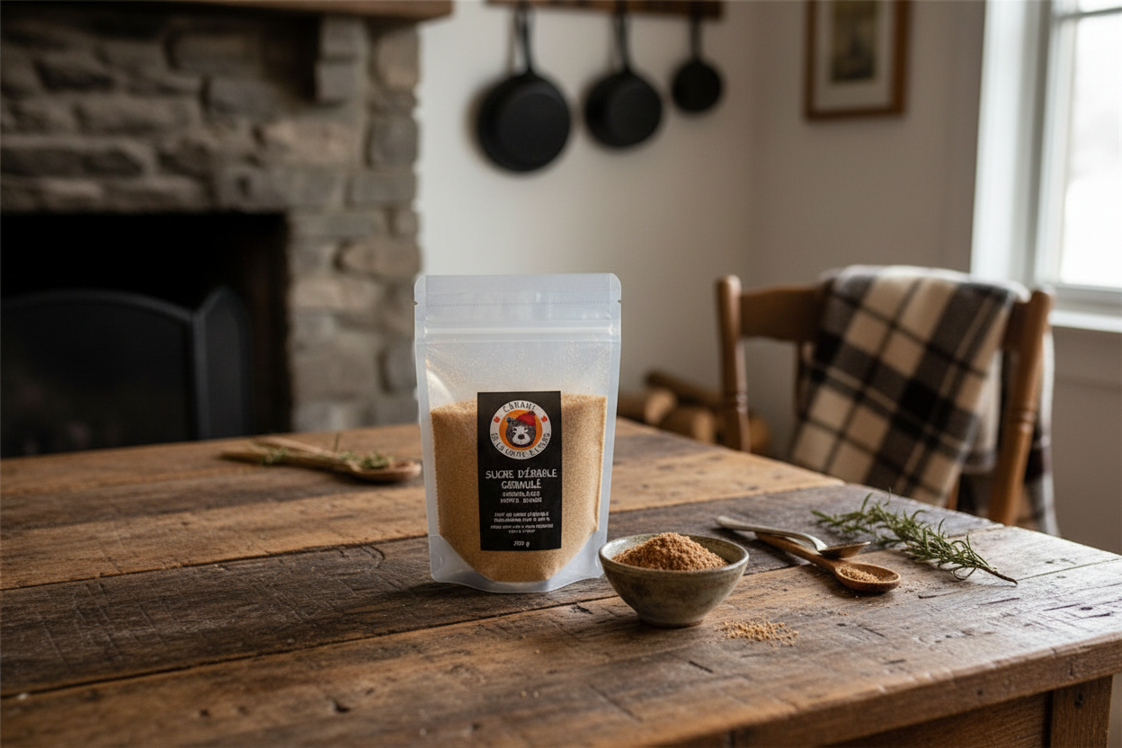 Organic Maple Sugar on rustic table