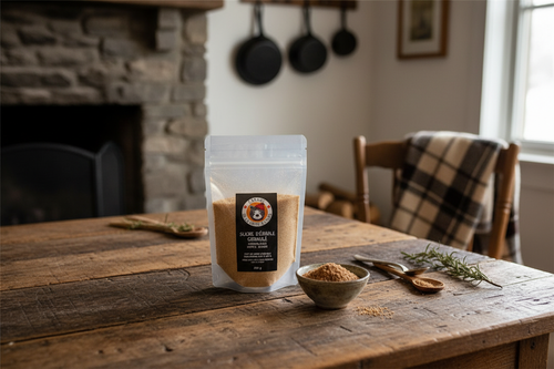 Organic Maple Sugar on rustic table